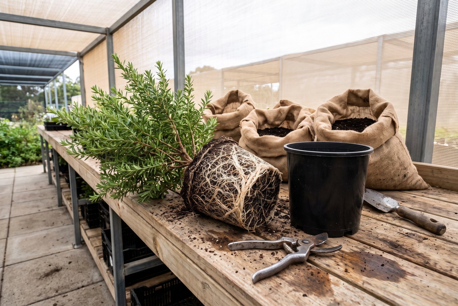 A young shrub lifted from its pot on a nursery potting bench to show a dense white fibrous root ball, with the empty pot, pruners and a trowel beside it.