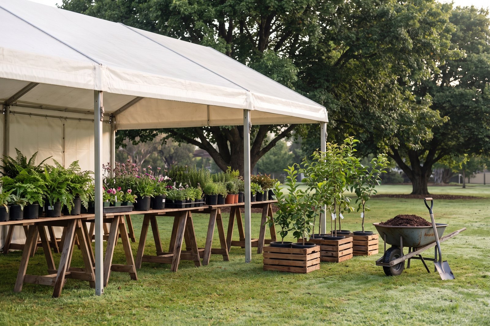 Potted plants set out in rows on trestle tables under a white marquee in a park, with crates of young trees on the lawn before a community plant sale opens.