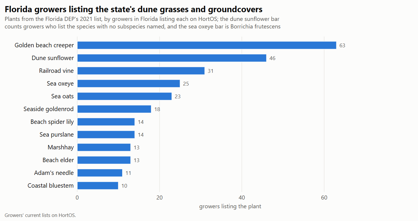 Bar chart of the Florida growers listing dune grasses and groundcovers from the Florida DEP's 2021 list: golden beach creeper and dune sunflower lead, then railroad vine, sea oxeye and sea oats.