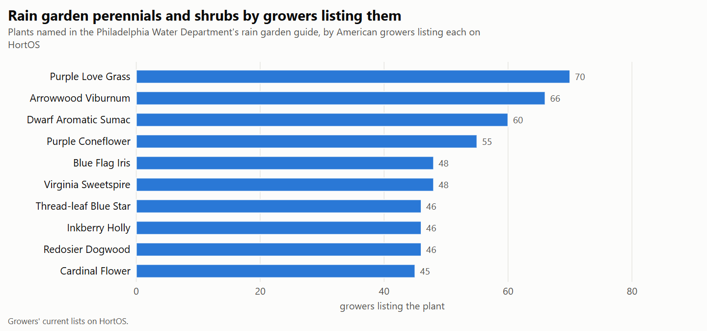 Bar chart of the rain garden perennials and shrubs listed by the most American wholesale growers on HortOS, from the Philadelphia guide's plants.